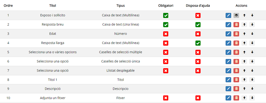 llistat on s'afegeix cada camp