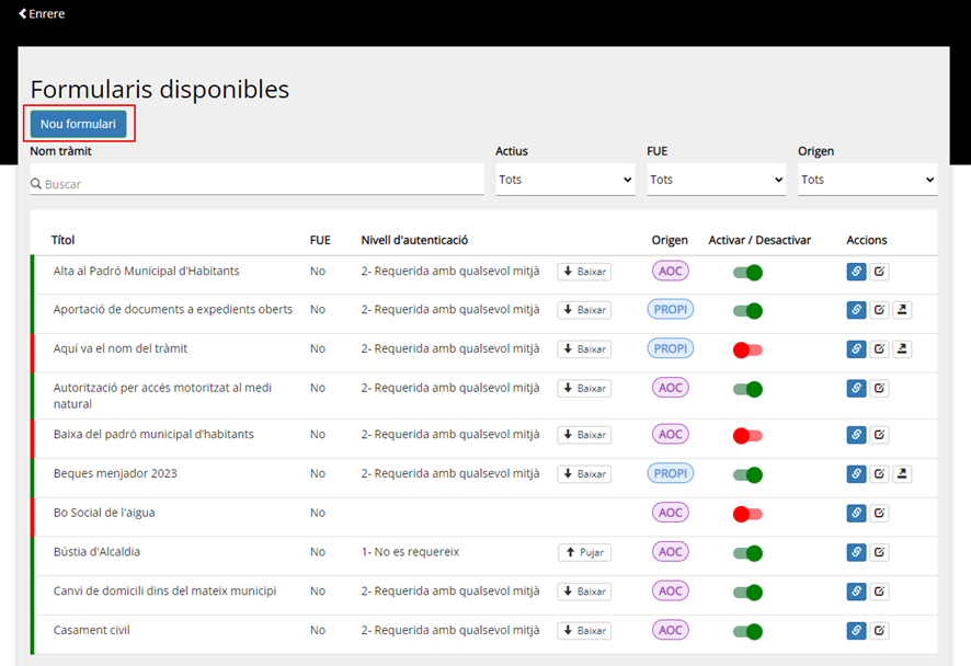 initial screen of the form management environment with the “new form” button active