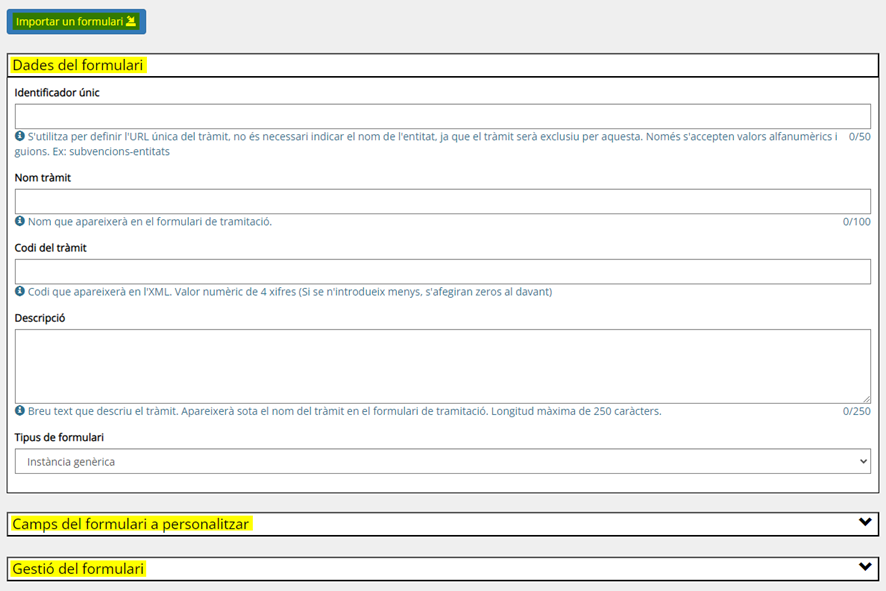 initial screen of the “own forms” management environment