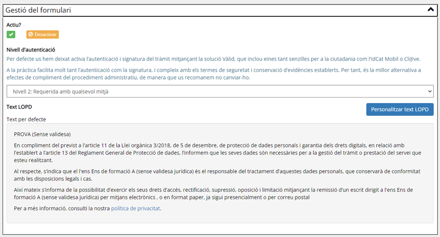 imagen donde muestra el apartado para gestionar el formulario en el que se pueden cambiar los permisos