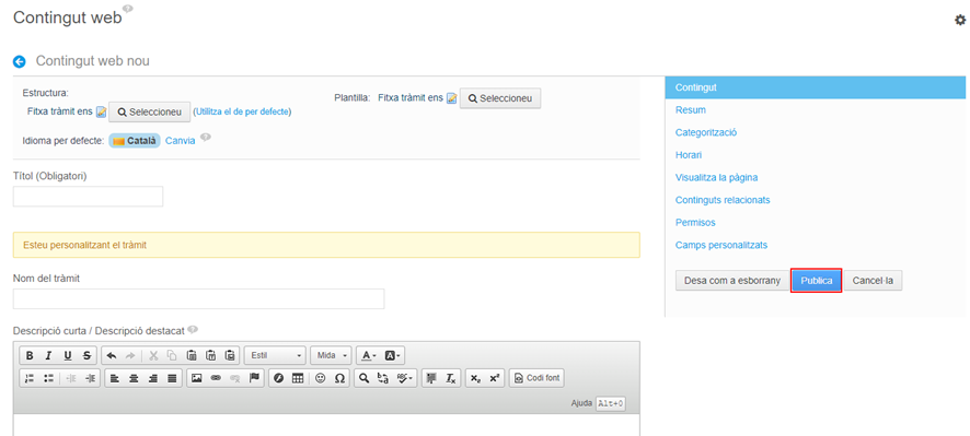 Screen to fill in the data with the "Publish" box highlighted